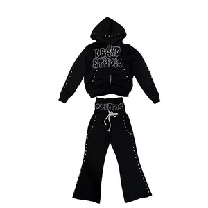 Rhinestone Flare Sweatpants and Hoodie <b>Set</b> OEM Custom Manufacturer Double Waisted Baggy Stacked Pants Sweat Suit Zip up - Product Image 1