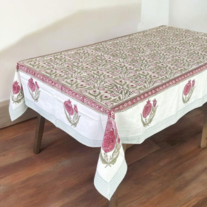 Floral Block Print <b>Tablecloth</b> Cotton <b>Rectangle</b> Table Cover Pink and Green Pomegranate Design Table Cover Linen Set - Product Image 1