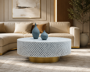 Table basse ronde moderne en bois avec incrustations en os, avec rangement, meubles de salon faits à la main - Product Image 1