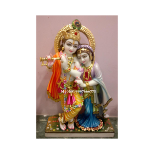Statue de Radha Krishna en marbre blanc fait main, finement travaillée et colorée, en position debout, pour la prière - Product Image 6