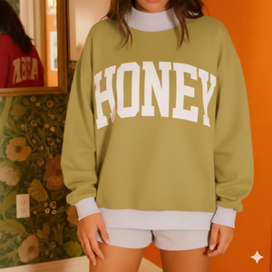 Women's Pink Oversized Crew <b>Neck</b> HONEY Letter Print Cotton Blend Autumn Streetwear Long Sleeve Pullover <b>Top</b> <b>MOCK</b> <b>NECK</b> - Product Image 3