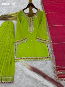 Conjunto de Kurti y Dupatta con corte acampanado en Faux Georgette con bordado de hilo y lentejuelas, para uso ocasional, a precio de mayorista. - Product Image 5