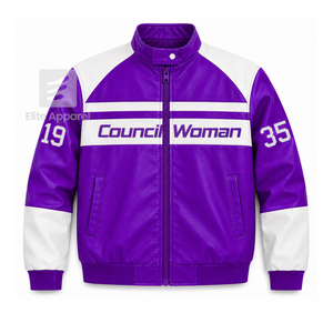 Custom NCNW Council women Leather <b>jacket</b> purple & <b>white</b> Embroidered logo Casual Style for female with polyester lining - Product Image 1