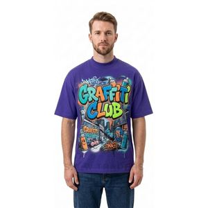 Camisetas Moradas con Hombros Caídos y Estampado Gráfico de Graffiti Colorido, Estilo Urbano Juvenil, Oversize, Casual, Streetwear - Product Image 1