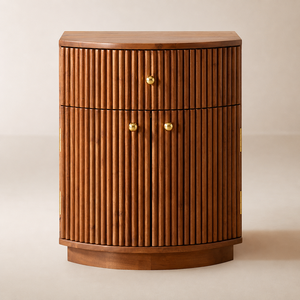 Curved Teak Wood <b>Bedside</b> <b>Table</b> Luxury Slatted Wooden Storage Cabinet - Product Image 1