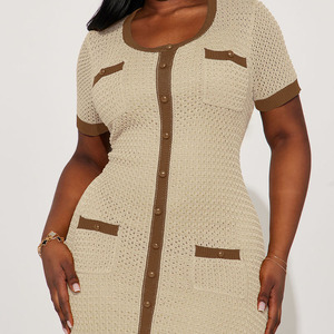 Solid <b>Custom</b> Women Beige Maxi Knitted Sweater <b>Dress</b> Brown Contrast Buttons And Pockets Short Sleeve A-Line Autumn Style Maxi - Product Image 4