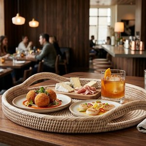 Bandeja Redonda de Mimbre Hecha a Mano con Asas para Fácil Transporte, Cesta Decorativa de Almacenamiento para Salas de Estar, Cocinas y Baños - Product Image 4