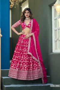 Magenta Dola Silk Semi-<b>Stitched</b> Lehenga Choli with Heavy Embroidery Work Modern Design for Party Wedding & Diwali Occasions - Product Image 4