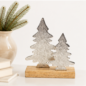 Handcrafted Silver Aluminum Metal Christmas <b>Tree</b> Sculpture On Natural Mango Wood Base For <b>Tabletop</b> Holiday Home & Office Decor - Product Image 2