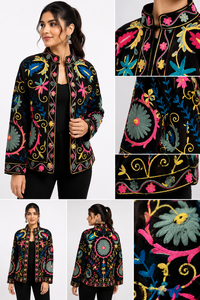Luxury Black Velvet Jacket Women Pink Floral Hand Embroidery Bomber Handmade Needle <b>Work</b> Winter Coat Boutique Wedding Gift - Product Image 5