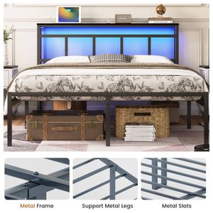 Base letto matrimoniale da 14 pollici con luce LED e USB-C, testiera in metallo nera con contenitore - Product Image 2