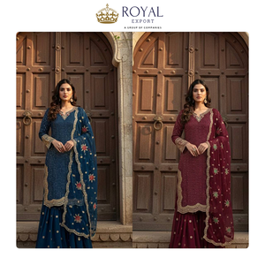 Collection de designer la plus récente et la plus élégante de costumes Sharara en faux georgette lourd avec dupatta en georgette et broderies. - Product Image 6