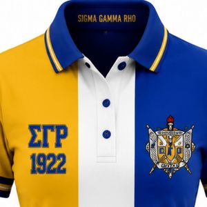 Polo personnalisé pour femmes Sigma Gamma Rho, design trois panneaux bicolore, bleu roi et or, manches courtes, vêtements à lettres grecques, vente en gros - Product Image 6