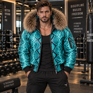 Men's Genuine Python Leather Bomber Jacket with <b>Fox</b> <b>Fur</b> Hood Luxury Motorcycle Biker <b>Coat</b> | Herren Lederjacke | Chaqueta Hombre - Product Image 5