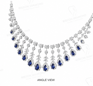 Exquisite <b>necklace</b> in 18K white gold with cascading pear sapphire stones floral diamond arrangement royal couture luxury design - Product Image 3
