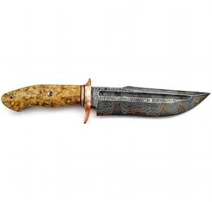 Couteau utilitaire artisanal en acier Damas cuivré, pointe tombante, manche en bois dur Boxelder Burl, personnalisable (DIY/OEM) - Product Image 2