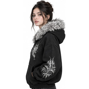 Sweat à capuche zippé en fausse fourrure noire pour femme avec motif imprimé blanc, veste d'hiver en polaire coupe classique style hip-hop - Product Image 5