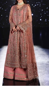 Costume indien pakistanais brodé rouge en 3 pièces, longueur au sol, shalwar kameez, pour femmes, pour mariage et fêtes - Product Image 6