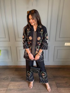 Hermoso Conjunto de 2 Piezas (Top y Pantalón) de Seda Romana Elástica de Alta Calidad para Mujer, para Bodas y Fiestas, con Forro de Crepé - Product Image 2
