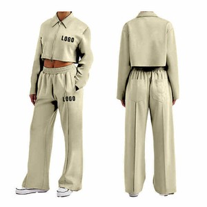 Ensemble de survêtement beige pour femme, manches longues, fermeture éclair sur le devant, logo, coupe ample, décontracté, couleur unie, pantalon large, coton respirant, printemps - Product Image 1