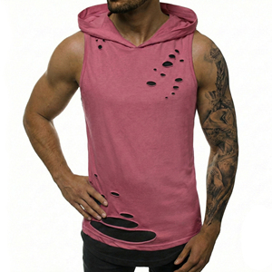 Wholesale Men's Custom Ripped Sleeveless Hoodie Layered <b>Distressed</b> Fitness Tank <b>Top</b> Streetwear Blank Workout Muscle Tank <b>Tops</b> - Product Image 2
