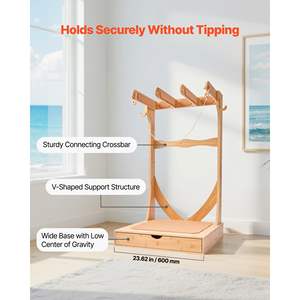 Support vertical pour planche de surf à 3 niveaux, support de planche autoportant en bois, crochets suspendus, rembourrage en liège pour le rangement des wakeboards, des kiteboards - Product Image 3
