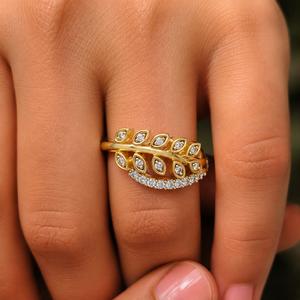 Bague de mariage en or massif 14K 18K avec diamant de laboratoire taille brillant rond DEF VVS, sertie de feuilles, pour femme, bijoux fins - Product Image 2