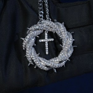 925 Silver Religious Charm Hip Hop Moissanite Thorn Crown Cross Pendant Custom Spiritual Fashion <b>Statement</b> for Party - Product Image 1