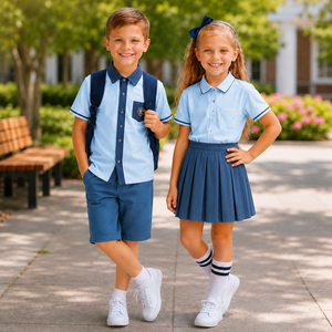 Ensemble d'uniformes scolaires unisexes pour enfants en tissu tricoté poly-coton de haute qualité avec logo brodé détectable par aiguille - Product Image 1