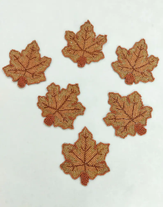 Handmade <b>Beaded</b> Leaf <b>Coasters</b> Eco-Friendly Luxury Orange Fall Traditional Indian Design Fabric Placemats Set of 6 - Product Image 2