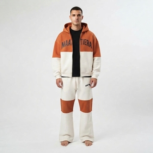 <b>Men</b> Orange White Color Block <b>Zip</b> Hoodie <b>Shorts</b> Flare Pants Tracksuit Sets Custom Streetwear Matching Casual Fashion - Product Image 1