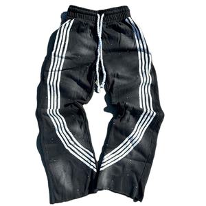 Pantalones acampanados informales elásticos con cordón a rayas desteñidas al sol personalizados a la moda para hombre, pantalones atléticos de algodón 100% de lana de gran tamaño - Product Image 2