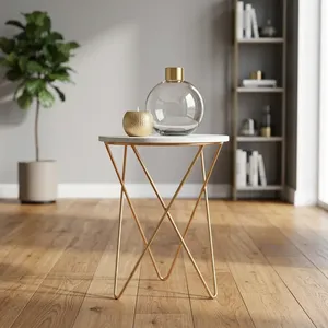 Table d'appoint moderne en fer avec plateau rond en marbre, meuble décoratif minimaliste pour salon et chambre - Product Image 5