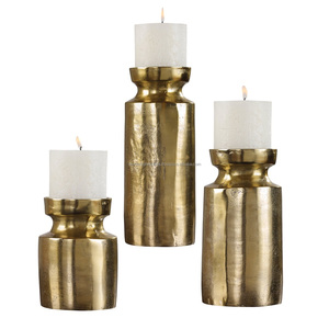 Premium 3-Piece Textured Gold <b>Candlestick</b> Set • Heavy Hammered Cylinder Centerpiece - Product Image 6