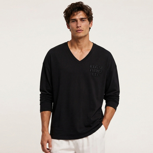 T-shirts à manches longues respirants 220 g/m² pour hommes, surdimensionnés, imprimés sur mesure, col en V, haut de jogging, coupe ample, en coton - Product Image 1