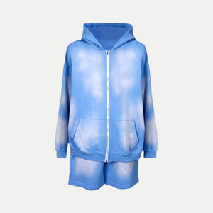 Custom Wash Zipper Streetwear Tracksuit <b>Men</b> Applique Embroidery Letter <b>Zip</b> up Hoodie <b>Shorts</b> Set - Product Image 1