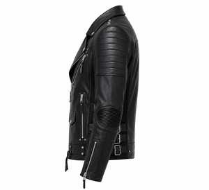 <b>Men's</b> Black Leather <b>Biker</b> <b>Jacket</b> Slim Fit Zipper Closure Turn-down Collar Eco-friendly Front Logo Winter Wear - Product Image 3