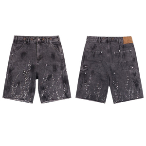 Men's High Waist Cargo Bermuda <b>Shorts</b> <b>Sequined</b> Rhinestone Decorated Street Style Button Fly 100% Cotton Canvas Fabric - Product Image 3