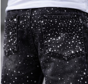 Pantalones Cortos de Mezclilla Personalizados para Hombre, Estilo Urbano, Lavado Vintage, Adornados con Pedrería, Jorts de Alta Calidad, Casuales, de Verano - Product Image 6