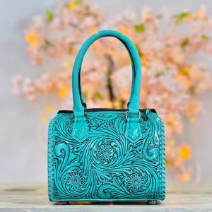 Bolso de Mano de Cuero de Lujo con Diseño Floral en Relieve, Color Turquesa, Motivo de Cereza y Tarjeta - Product Image 2