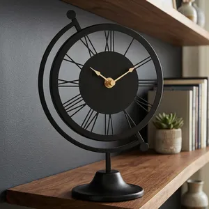 Reloj de Mesa Moderno de Metal Negro con Esfera de Esqueleto, Manecillas Doradas y Diseño de Números Romanos, Reloj Decorativo de Escritorio Independiente para un Toque de Lujo - Product Image 6