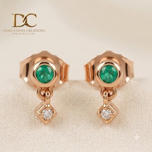 ต่างหูเพชรทรงหยดน้ำ 14KT ทองคำแท้สีโรสโกลด์ ได้รับการรับรองจาก IGI เพชรเพาะเลี้ยงในห้องปฏิบัติการ และมรกตโคลอมเบีย ทรงบริลเลียนท์คัท เครื่องประดับสำหรับผู้หญิง - Product Image 2