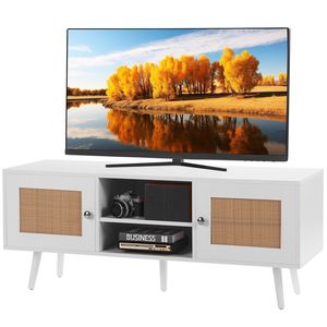 Metà del secolo moderno 55 pollici TV Stand Boho bianco Rattan TV Cabinet con ripiani regolabili per soggiorno sala multimediale - Product Image 1