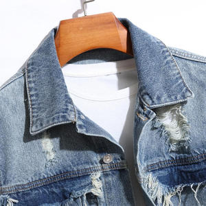 Veste en jean vintage pour homme, effet usé, tendance, délavée à l'acide, déchirée, bleue, pour le streetwear et la mode décontractée - Product Image 1