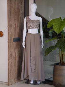 Brown Embroidered Georgette Lehenga Set Floral Spaghetti Strap Crop <b>Top</b> Pleated Maxi Skirt Party Wear - Product Image 4