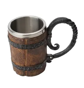 Новый Винтажный стиль средневековая деревянная бочка с двойной стенкой кофейные пивные чашки из нержавеющей стали индивидуальный логотип и форма деревянная кружка