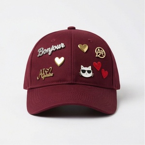 Maroon Baseball Cap With Applique Embroidery Bonjour <b>Cat</b> Heart Logo Adjustable Brim 6-Panel Hat Unisex Fashion Casual - Product Image 1