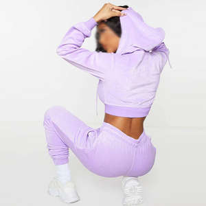Ensemble deux pièces pour femme : sweat à capuche court et pantalon de jogging en molleton lavande, coupe décontractée, couleur unie, idéal pour l'hiver - Product Image 3