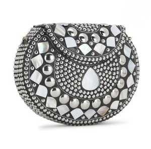 Circular Silver-Plated Zinc Alloy Clutch <b>Bag</b> With <b>Studs</b> And Mother Of Pearl Inlay Flower Design - Product Image 3