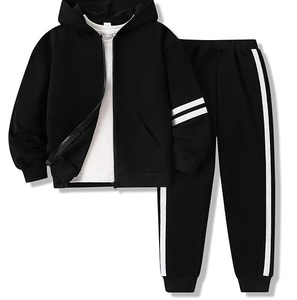 OEM Custom Striped <b>Black</b> Hooded Pullover Infants <b>Tracksuit</b> Sportswear Joggers Set 100% Organic Cotton Kids Zipper Sweat Suits - Product Image 1